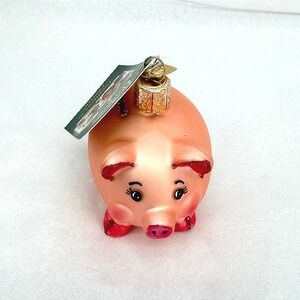 Old World Christmas Piggy 36061 Glass Ornament Pink Glitter Holiday Decor NWT